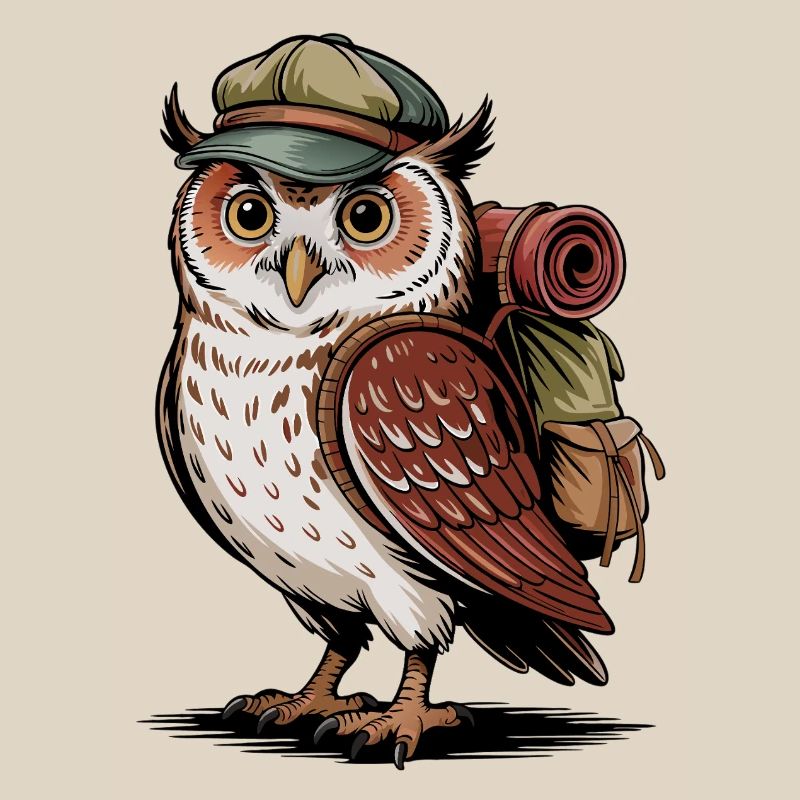 Forest hiker owl with backpack