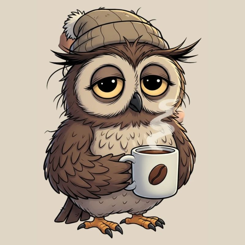 Verschlafene Eule Mit Kaffeetasse Cartoon