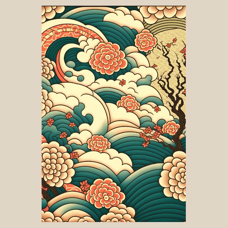 Wave Roses Ukiyo Clouds Pattern