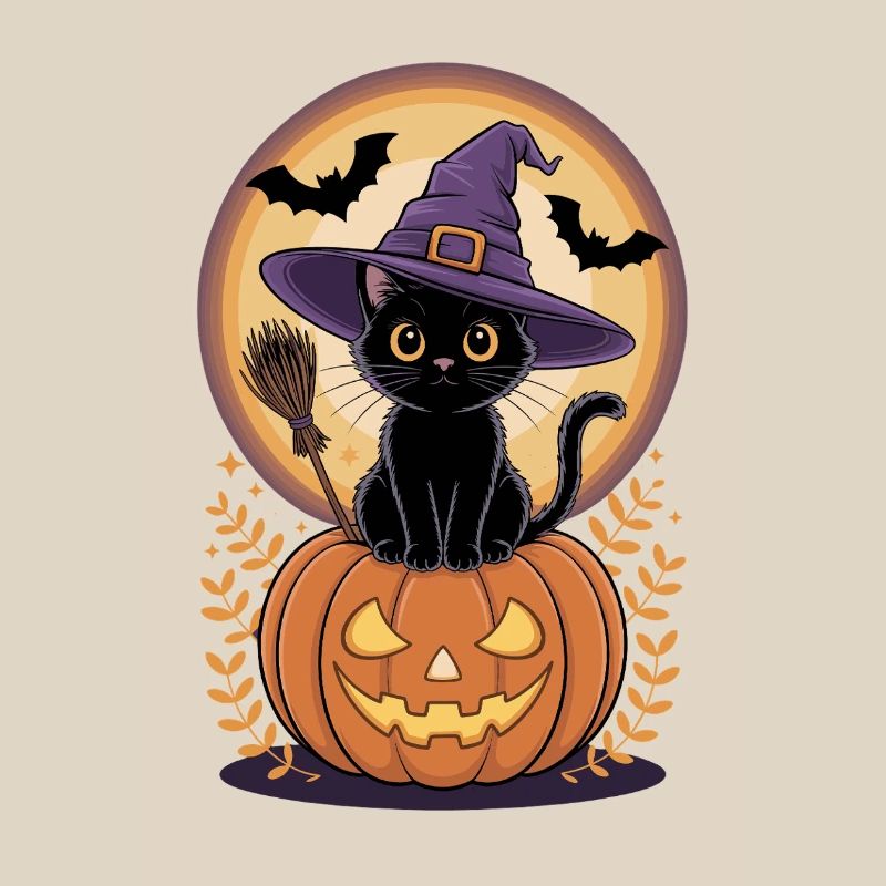 Witch cat with pumpkin view