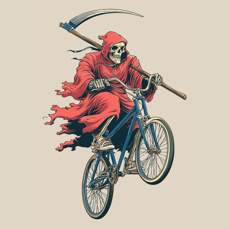 Skeleton in red cape on bicycle