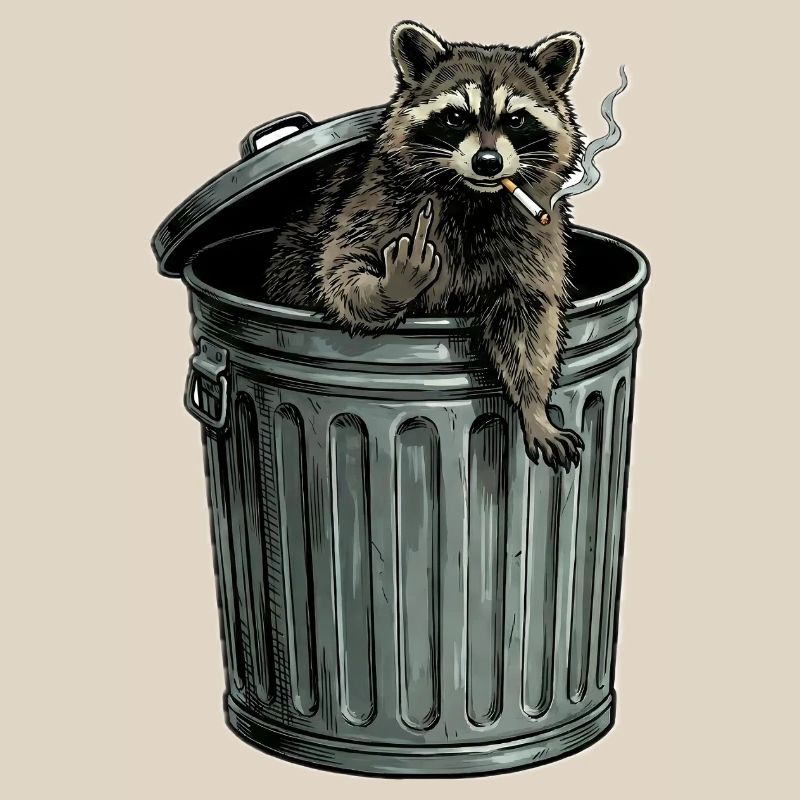 Trash PandaFrecher Waschbär im Mülleimer Zigarette