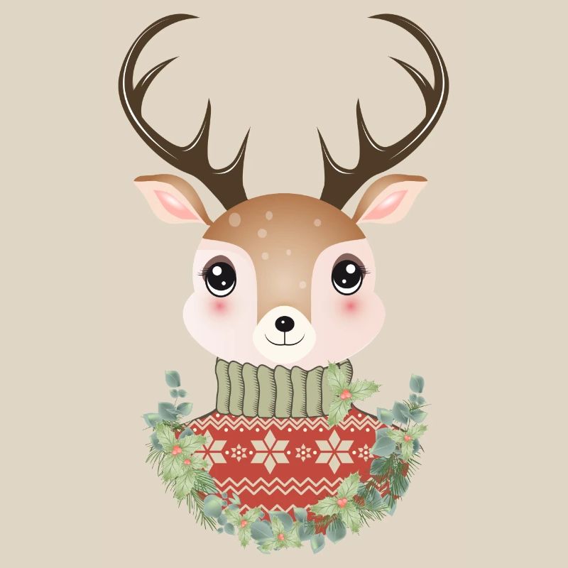 niedlicher Hirsch mit Pullover und Weihnachtskranz
