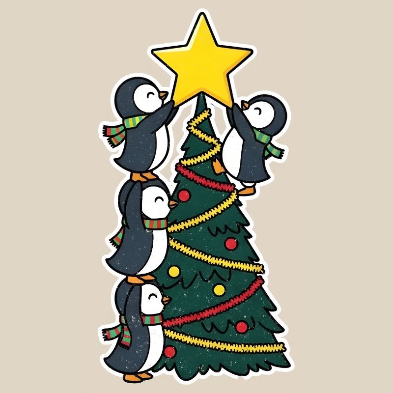 Penguins decorating Christmas tree