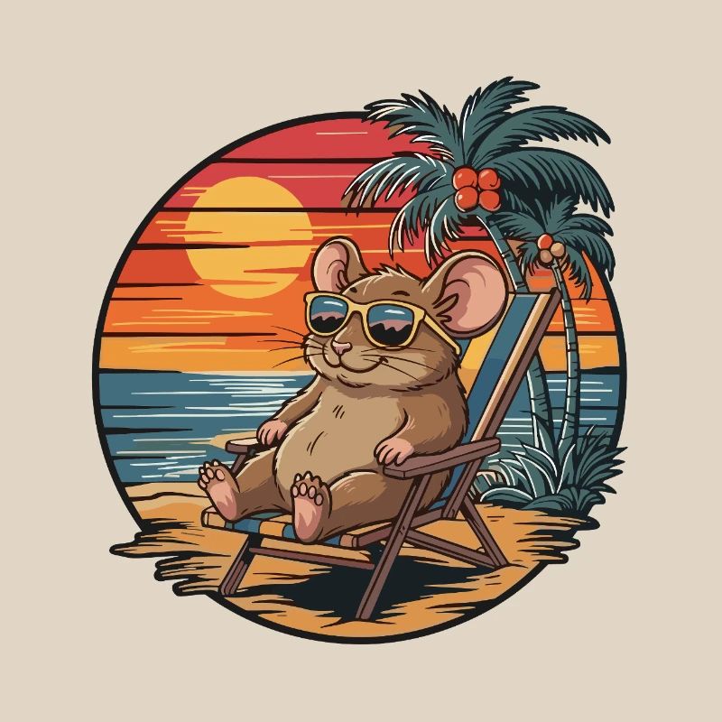 Funny Mouse on Beach Summer Vacation Sunset