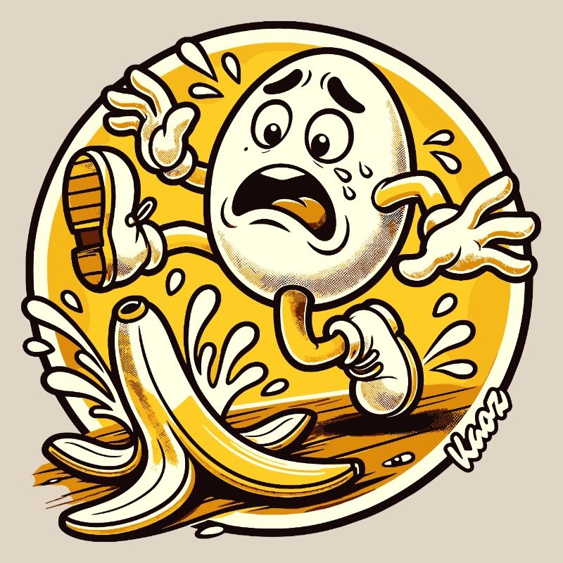 Comic egg slips on banana peel