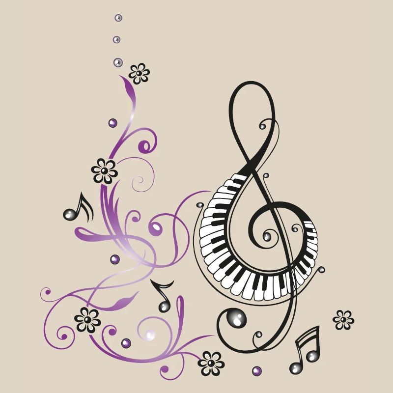 Clef avec piano, fleurs et notes de musique.