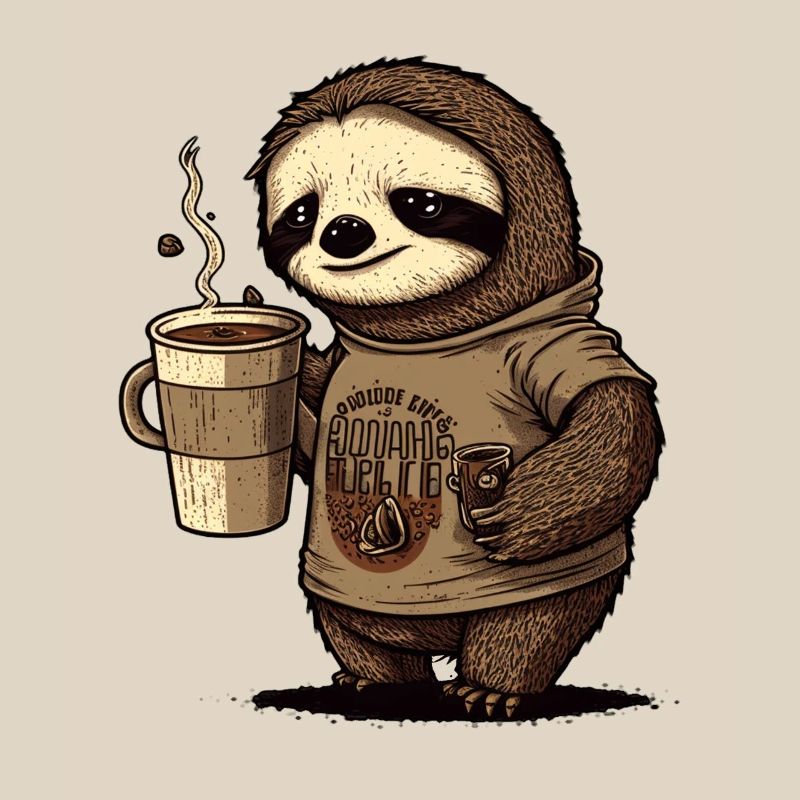 tired sloth with huge coffee mug