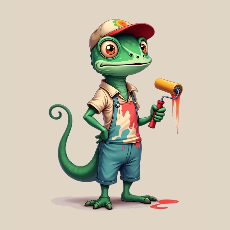 Chameleon painter cartoon with paint roller