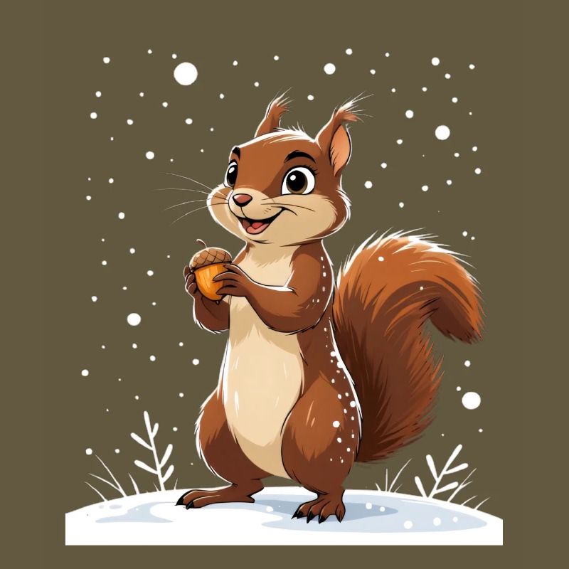 Winterliches Eichhörnchen mit Eichel