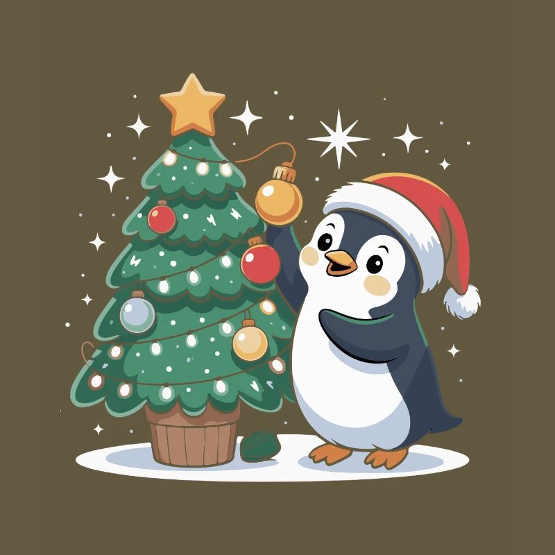 Penguin decorates Christmas tree