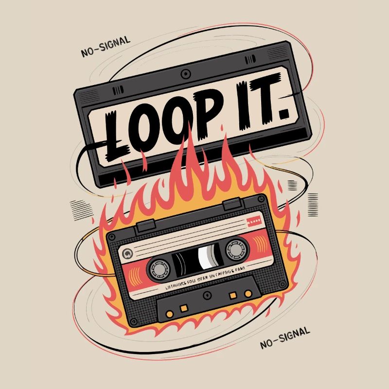 Retro cassette with "Loop It" flame design