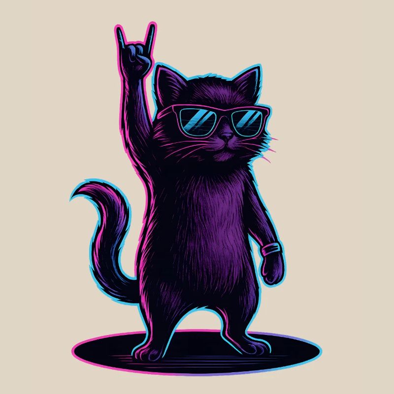 Chat Chat Synthwave avec la pose Rockhand