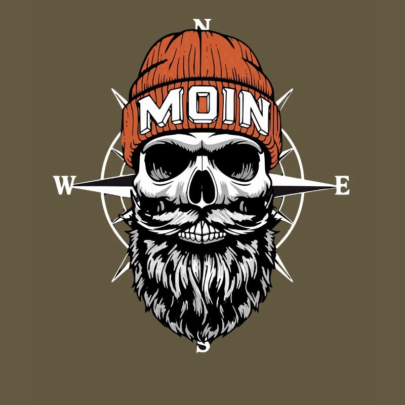 North German Biker Skull with Beard & Wind Rose Moin