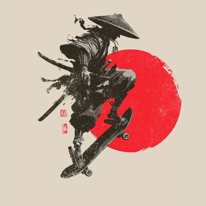 Silhouette eines Samurai-Skaters mit roter Sonne