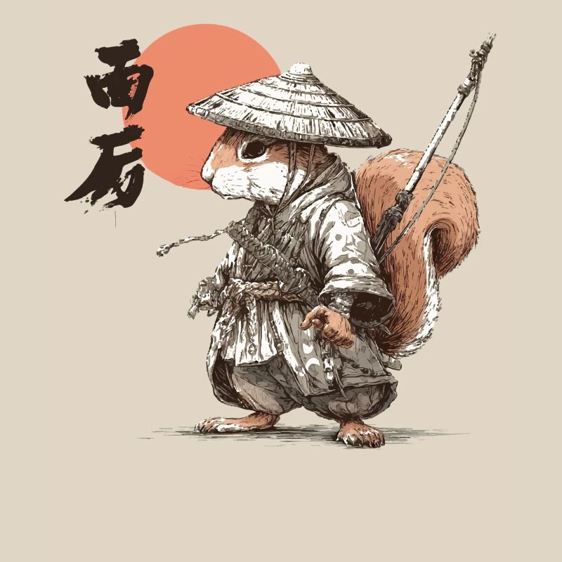 Samurai-Eichhörnchen unter roter Sonne