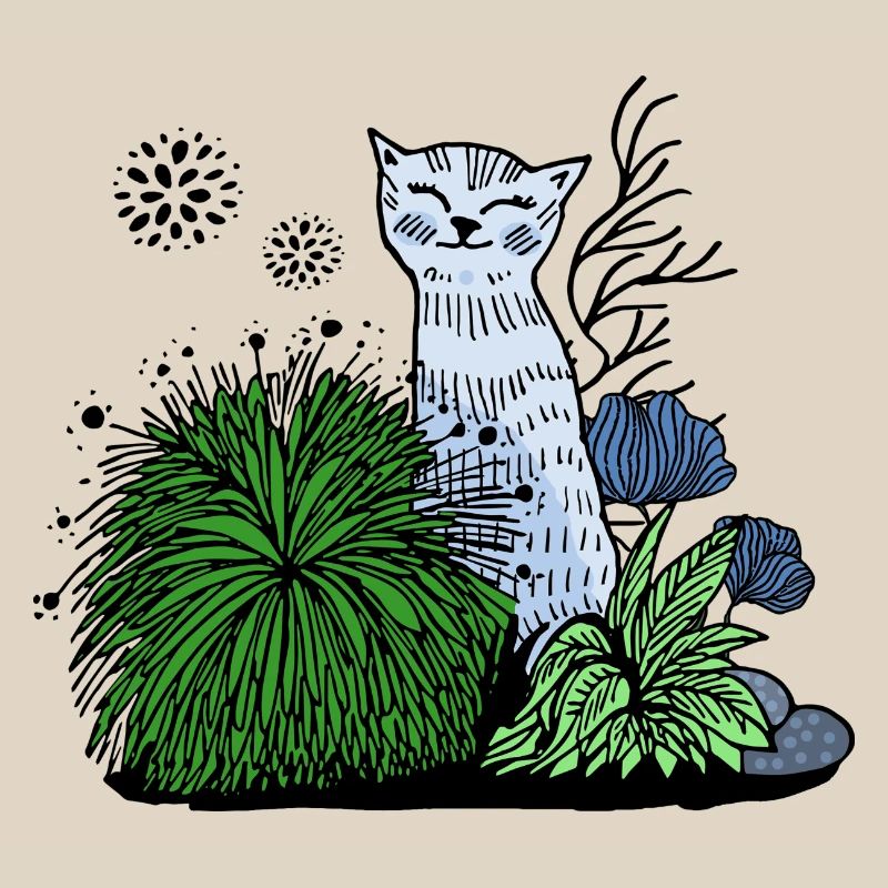 Chat souriant dans le feuillage