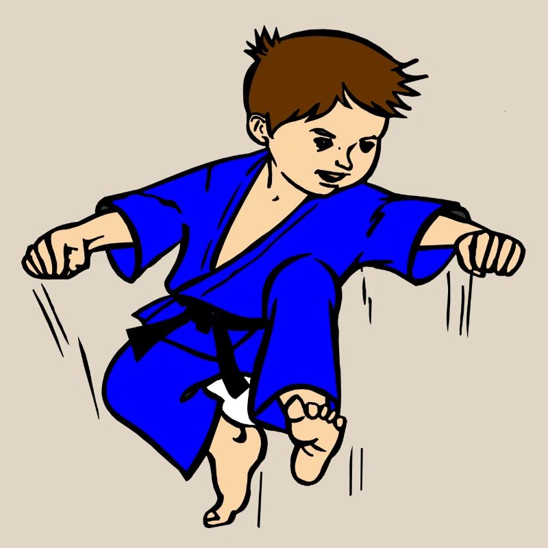 Blauer Anzug Karatekind oder Judokind mit schwarzem Gürtel
