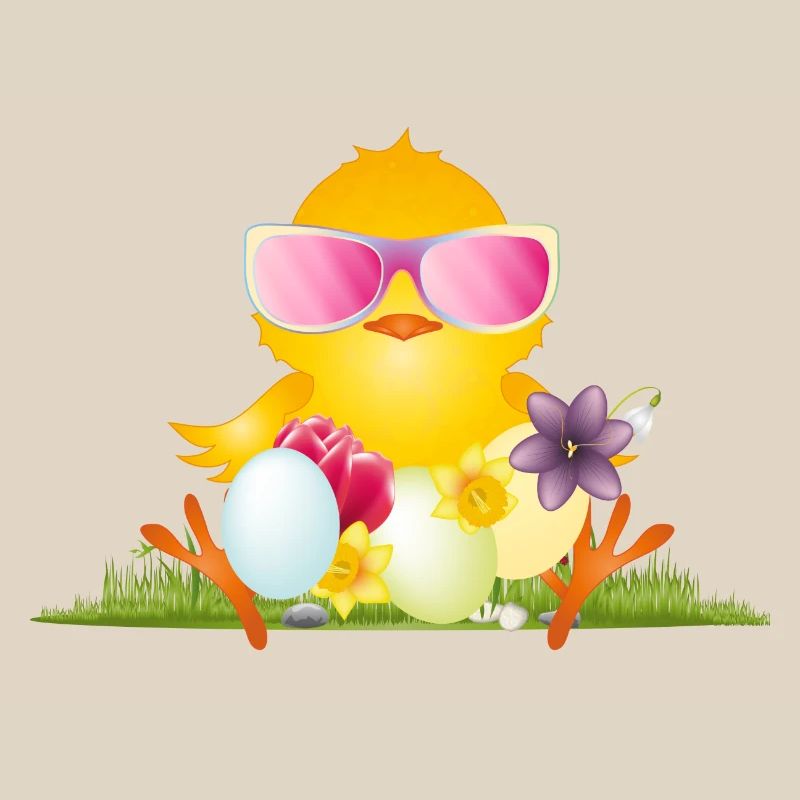 fluffy chick with Easter eggs and pink glasses