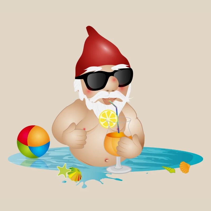 Gartenzwerg im Swimmingpool oder Meer und Getränk