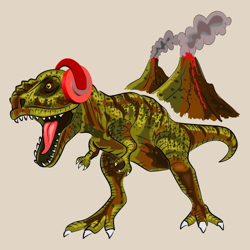 Dinosaurier mit Kopfhörern vor Vulkan