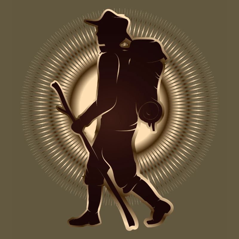 Pilger oder Wanderer mit Wanderstab & Rucksack