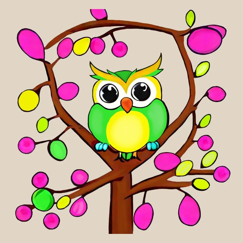 Happy owl in a multicolored tree