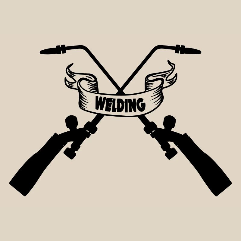 Two crossed welding machines with text banner