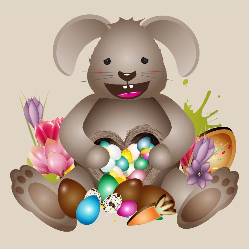 laughing Easter with Easter nest full of Easter eggs