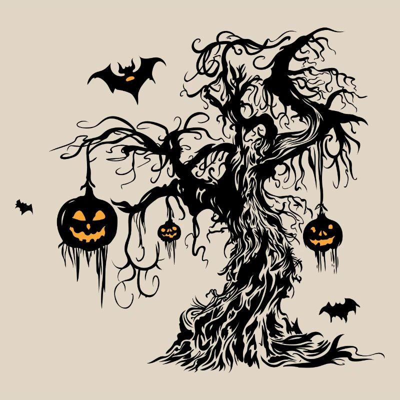 Halloween Tree with Pumpkin Lanterns Bat