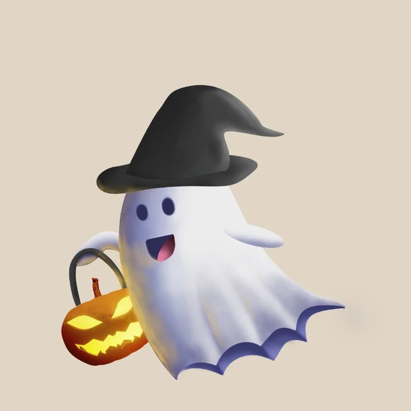 Fantasma con cappello da strega e jack-o'-lantern