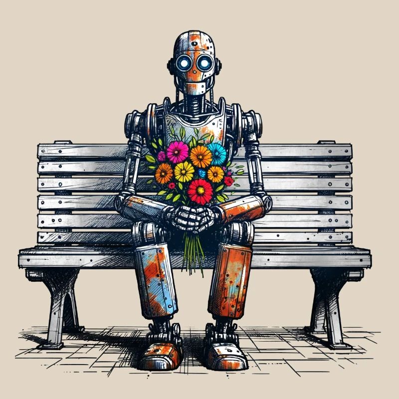 Robot banc fleurs Robot amour Art rouillé