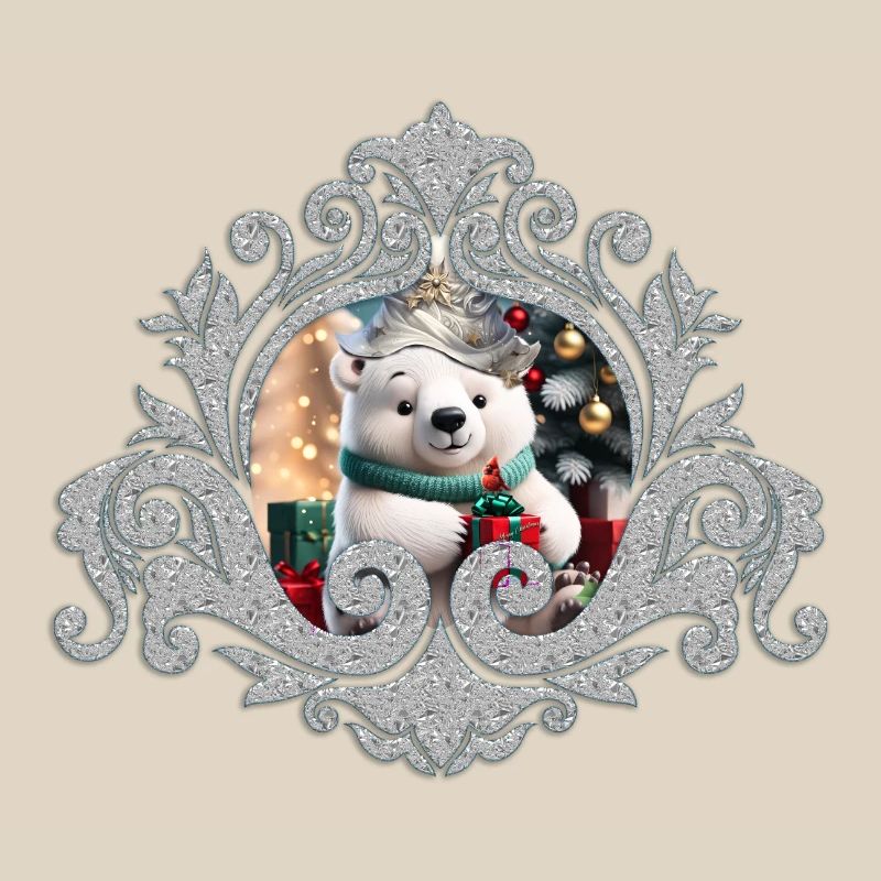 Cute fluffy Christmas polar bear with gift.