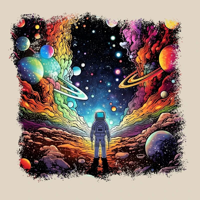 Surrealist space artwork with planets