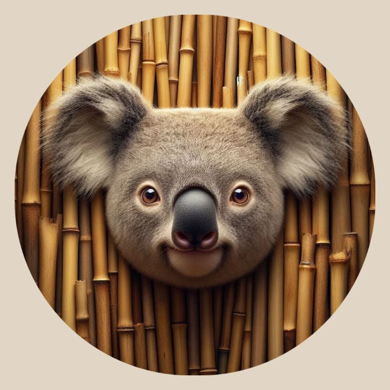 Tête de koala devant un mur de bambou