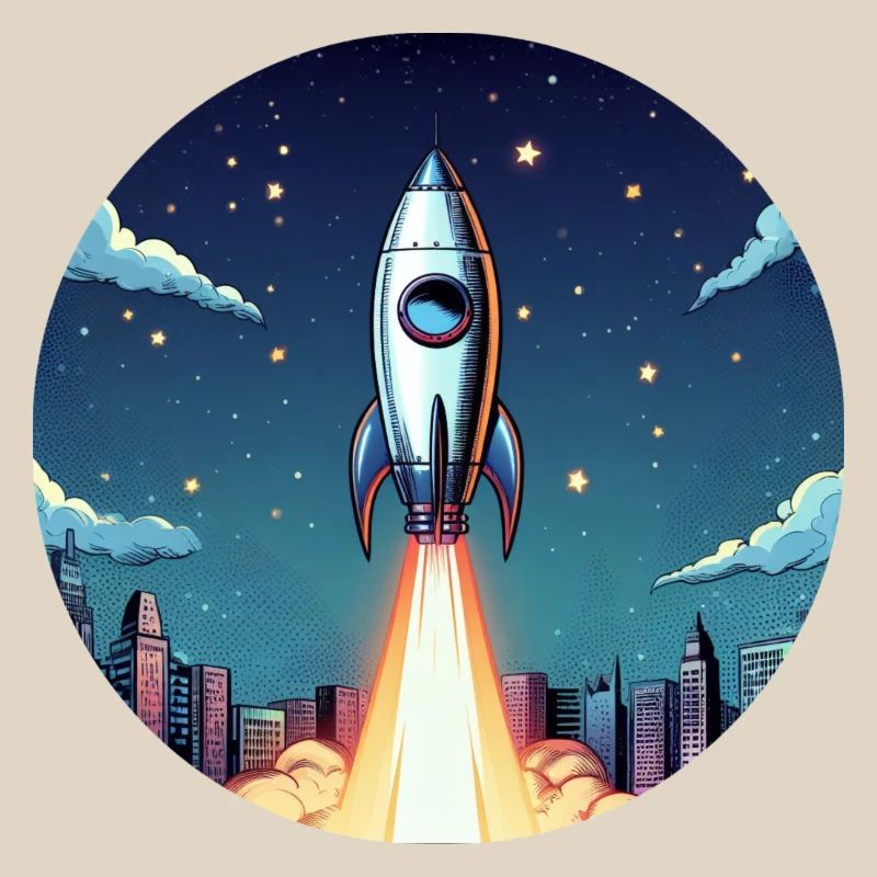 Lancement d’une fusée dans l’espace devant le ciel nocturne dans un style comique