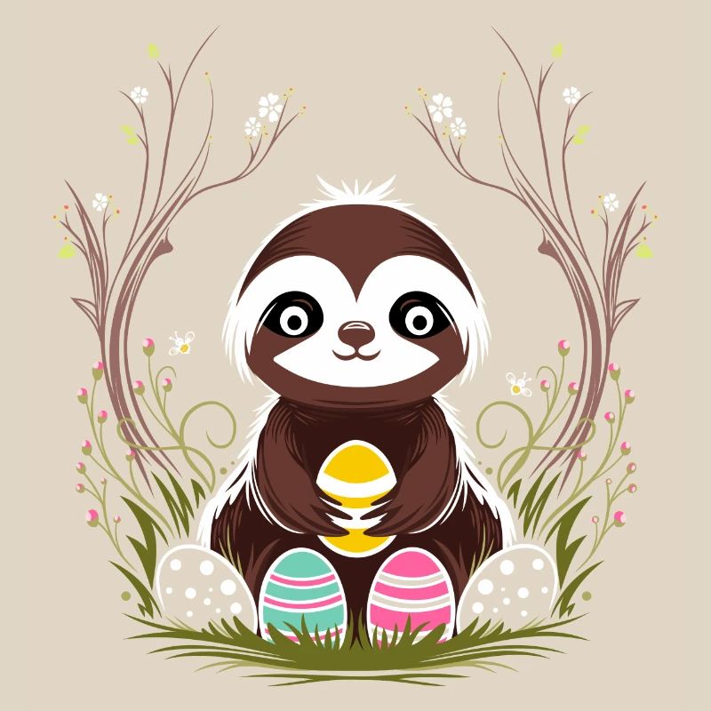 Easter Sloth with Easter Eggs in Spring