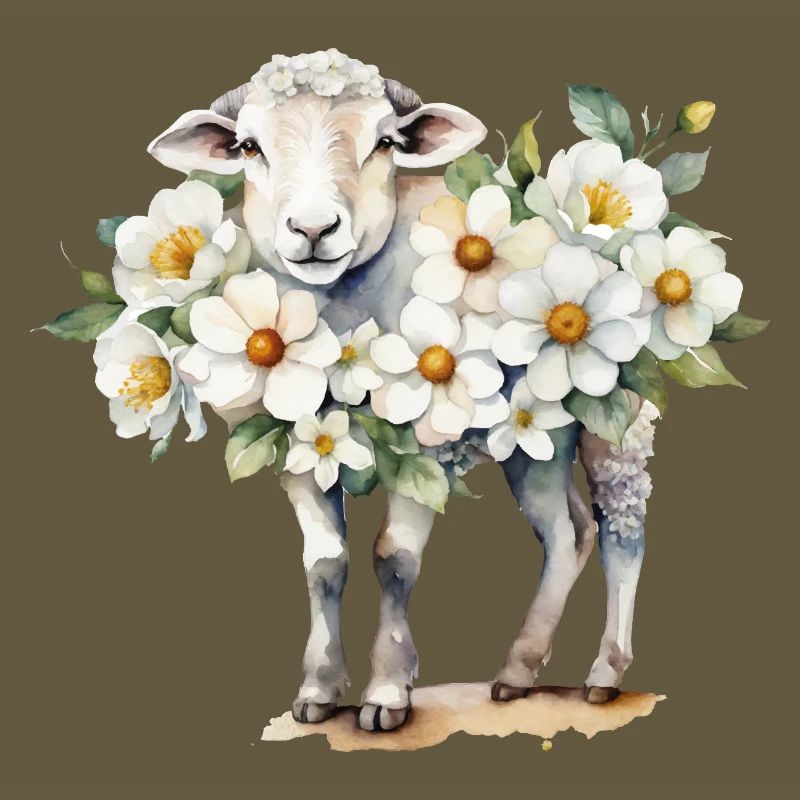 Mouton couvert de fleurs à l’aquarelle