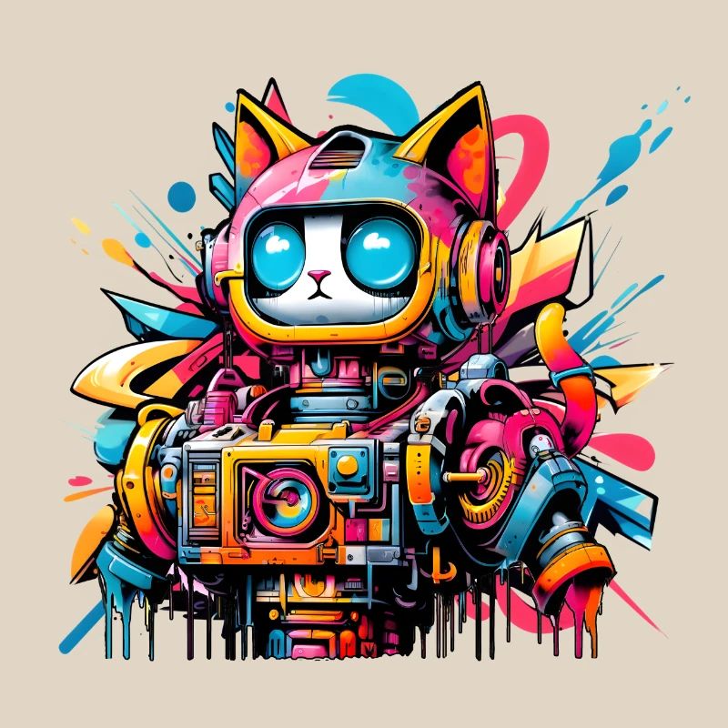 Chat conçu comme un robot dans le style graffiti de la bande dessinée