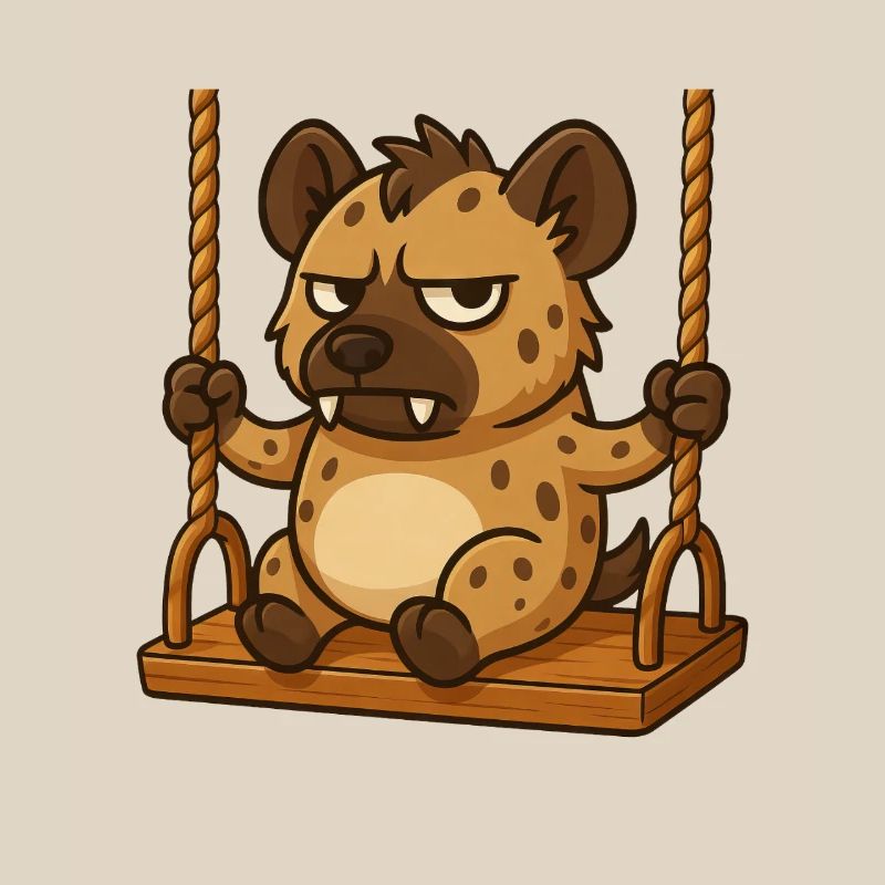 Grumpy hyena on swing annoyed offended
