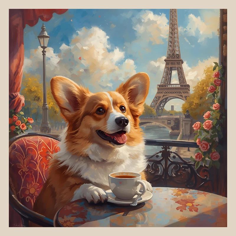 Corgi buvant du café devant la Tour Eiffel à Paris
