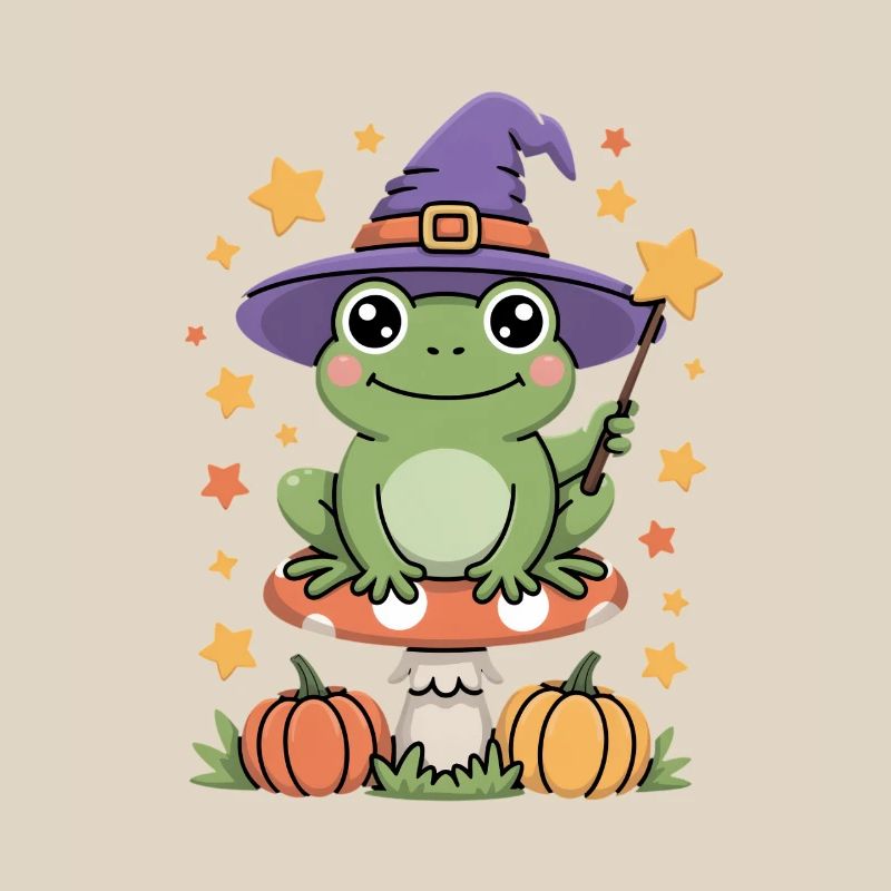 Witch frog on toadstool with pumpkins