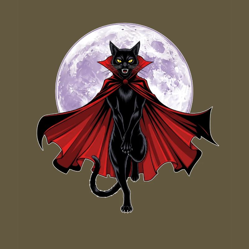 Chat vampire graphique avec cape devant une pleine lune