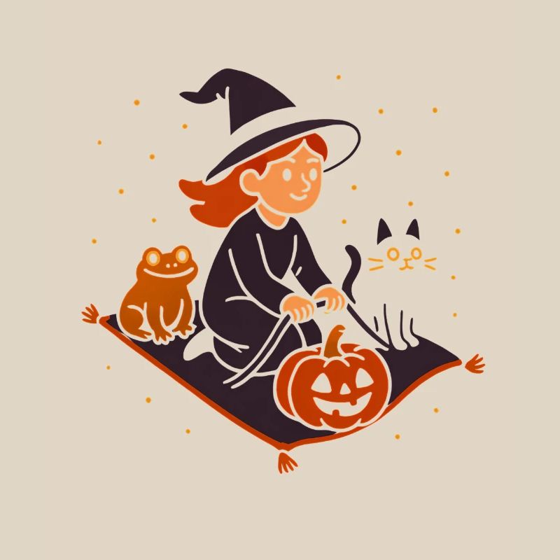 Pumpkin Flight with Witch and Cat