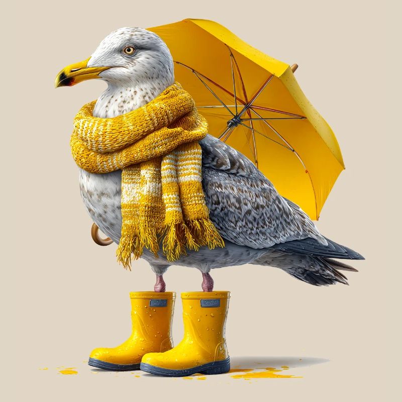 Mouette avec parapluie jaune et bottes