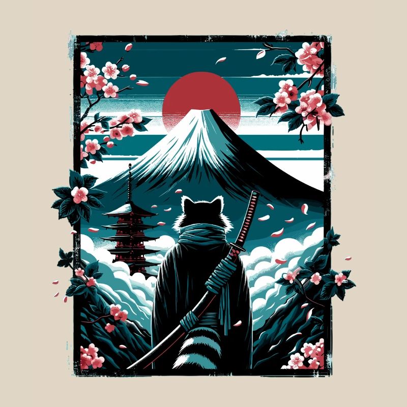 Chat avec une épée de samouraï devant Fuji