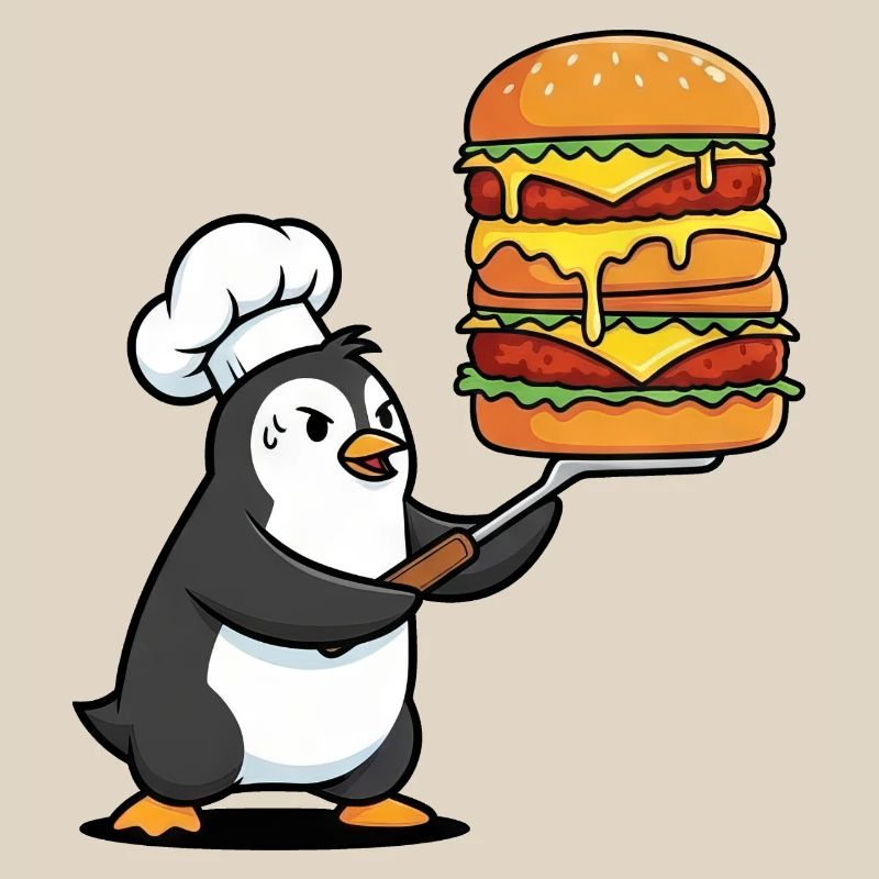 Cute penguin sweating with hamburger BBQ grilling