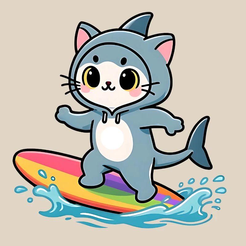 Chat requin sur planche de surf arc-en-ciel