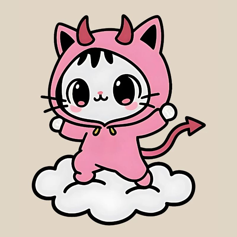 Kawaii Pink Dämon Katze auf einer Wolke