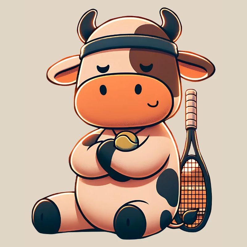 Mignonne vache de tennis avec raquette et balle